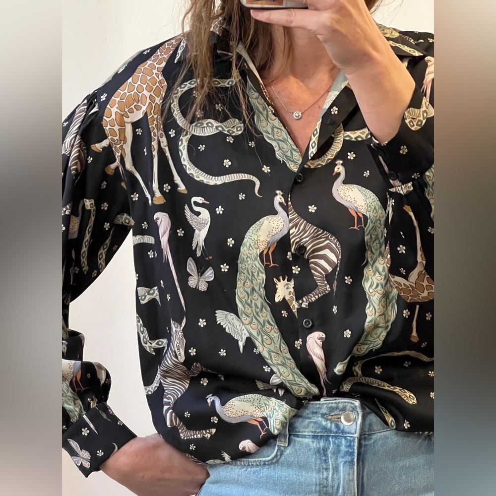 ZARA Magical Black Animal Print Blouse Giraffe Peacock Zebra Swan Snake Large